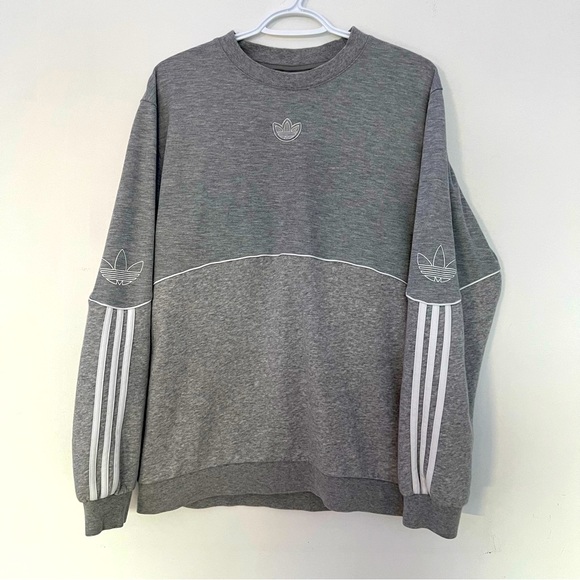 (M) Adidas Originals crewneck sweatshirt 3 stripes athletic sweater grey white - Picture 1 of 5